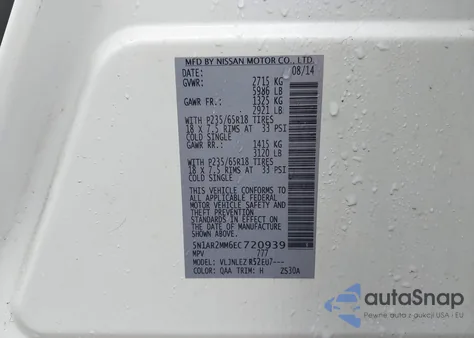 2014 Nissan Pathfinder Sv z USA, uszkodzony, nr VIN 5N1AR2MM6EC720939